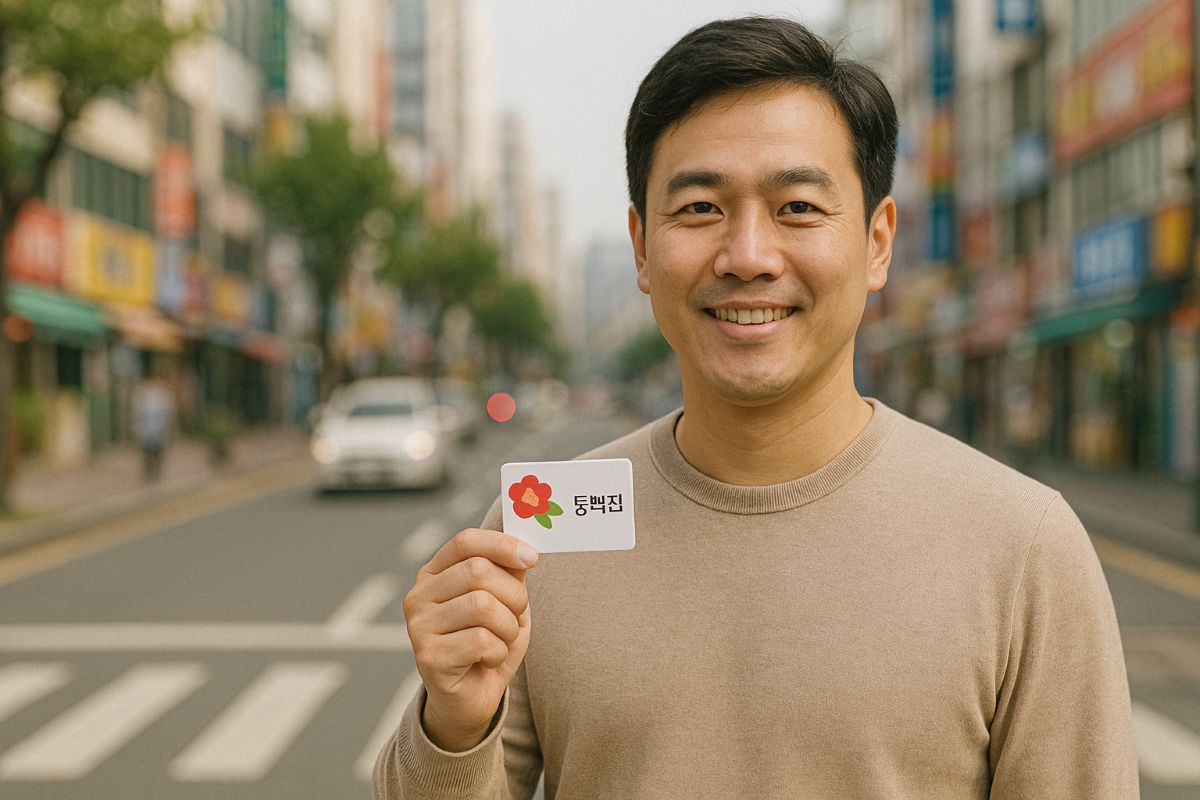 부산 거리에서 동백전 카드 든 남성