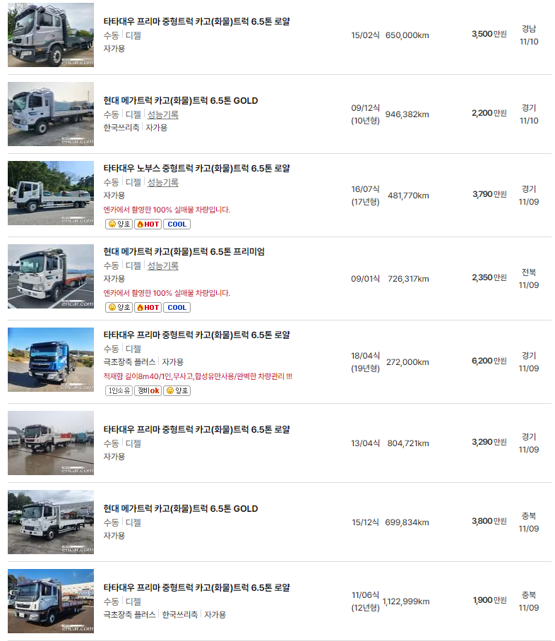6.5톤 트럭 중고차 가격