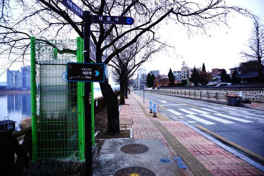 왼쪽 벚나무 가로수 앞 이정표에 여주역 7.9km&#44; 우측으로 횡딘보도 건너 대로사 돌담&#44; 흐린 하늘&#44;