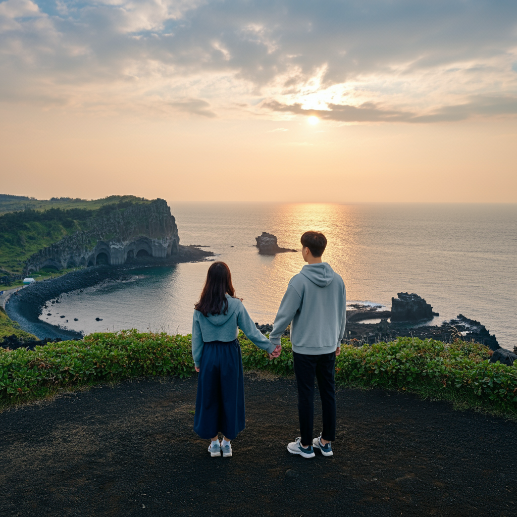 제주도 절벽 위에서 석양을 바라보며 손을 잡고 있는 커플, 로맨틱한 제주도 커플 여행 풍경, 제주도의 자연과 감성을 담은 여행지