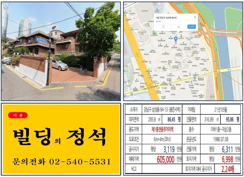  [강남구 영동대로 60억 꼬마빌딩 신축부지 실거래가 조회] 삼성동 94-13 (봉은사역) 60억 5,000만 원, 평당 6,998만 원 매매되었습니다.