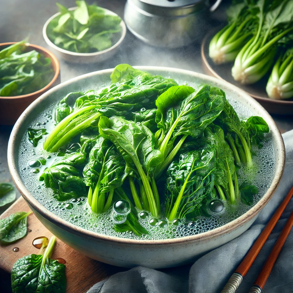 찬물에 헹구기 중인 무청 시래기 - 데친 후 차가운 물에 담근 모습
