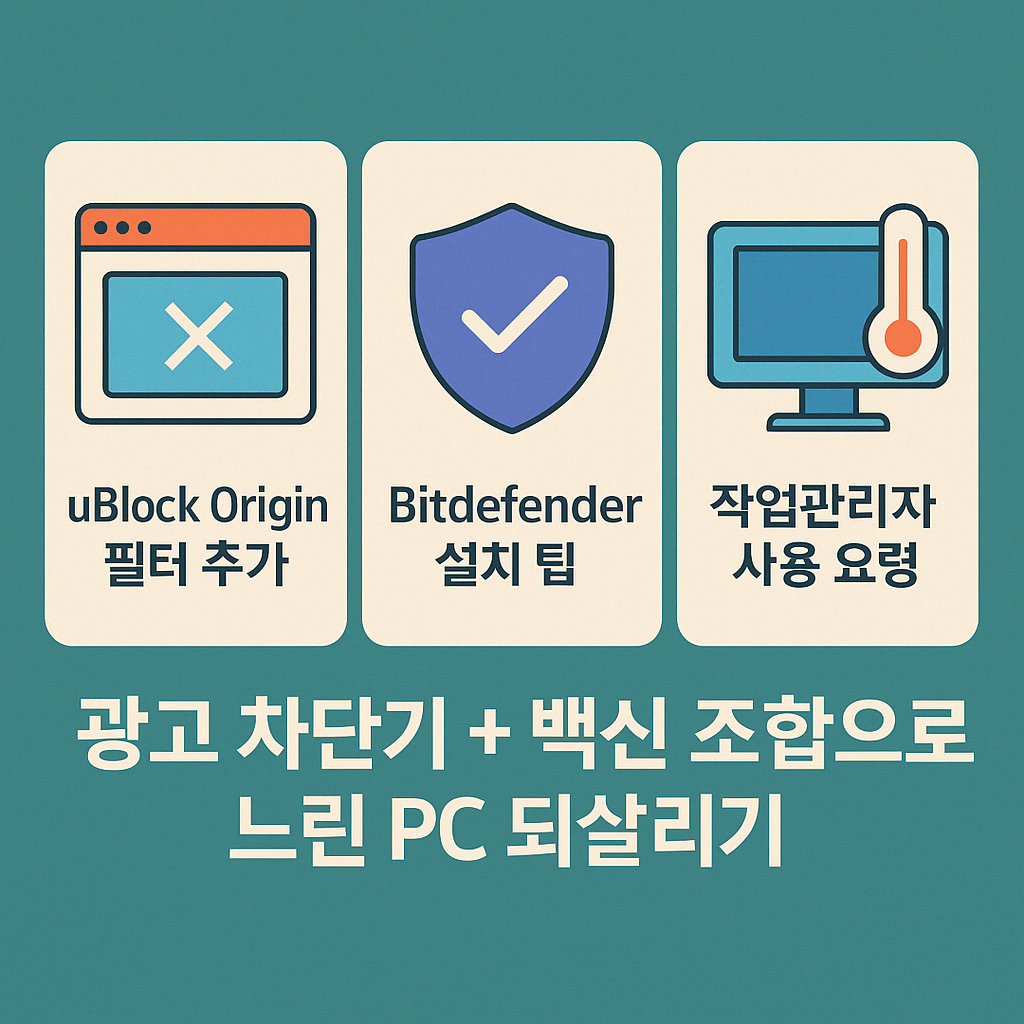 uBlock 필터 설정, Bitdefender 설치, 작업관리자 사용 요약 인포그래픽