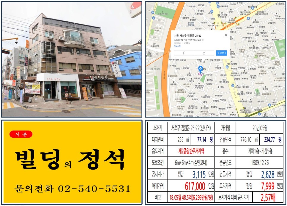  [서초구 신사역 꼬마빌딩 실거래가 조회] 잠원동 25-22 (신사역) 61.7억 원, 평당 7,999만 원 매매되었습니다. 강남 60억 꼬마빌딩