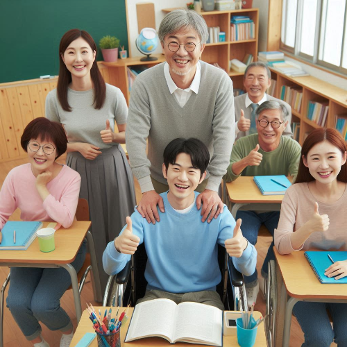 장애인 평생교육 혜택을 받으며 기뻐하는 장애인과 자원봉사자