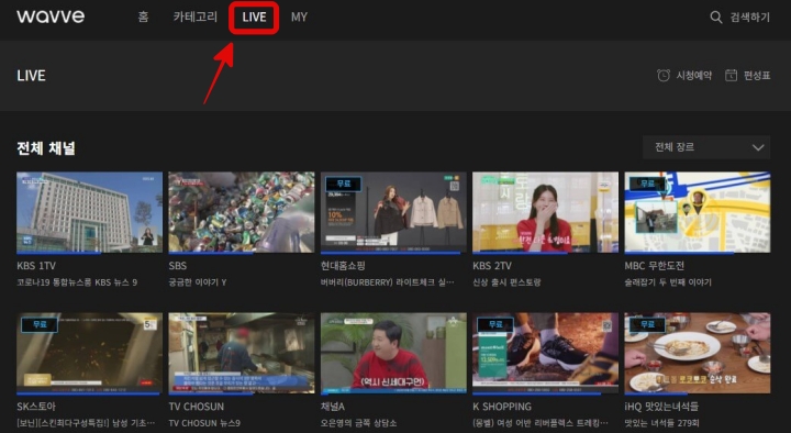 wavve-홈페이지-라이브-채널-목록