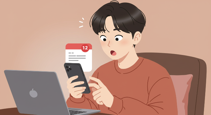 첫 수익 알림을 확인하며 놀랍고 감격스러운 표정을 짓는 사람의 모습