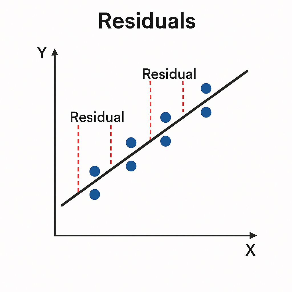 잔차(residual)는 실제값(y)과 예측값(ŷ)의 차이입니다.



모델이 예측한 값과 현실 값이 얼마나 떨어져 있는지를 보여주는 거죠.



잔차가 클수록 모델의 예측이 틀린 거고, 잔차가 작을수록 회귀선이 데이터를 잘 통과하고 있다고 볼 수 있어요.