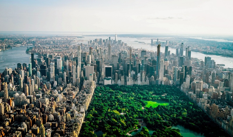 Aerial view of Manhattan and Central Park in New York City, symbolizing the destination and complexity of international student entry into the U.S.