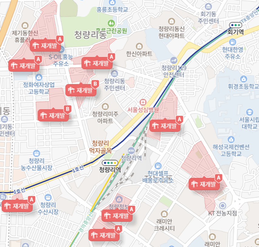앞으로 서울의 교통의 메카로 자리잡게 될 청량리 일대의 재개발 진행을 보여주는 지도