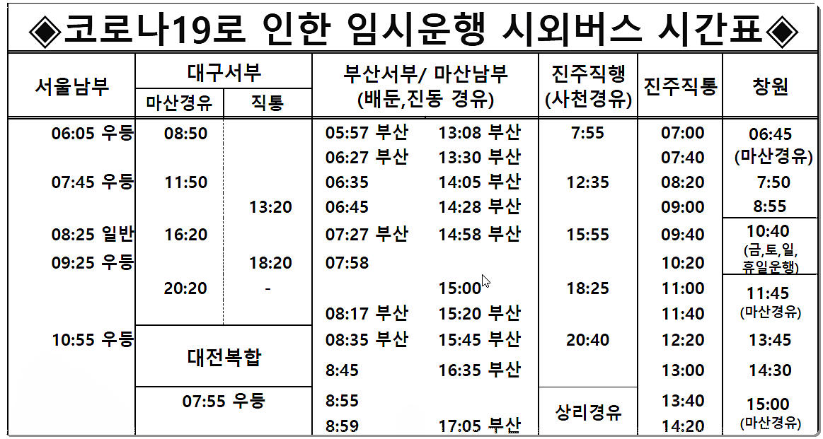 경남 고성터미널 시외버스 시간표