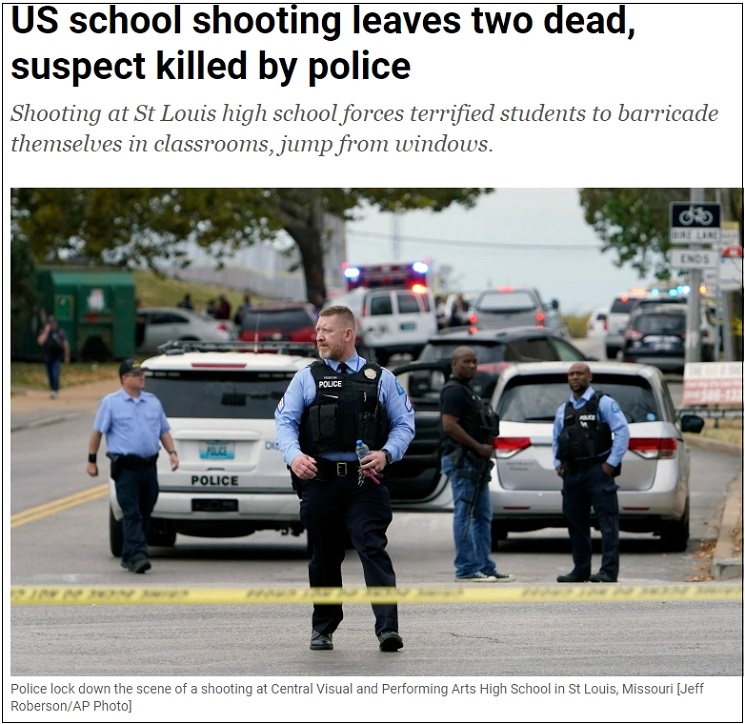 미 세인트루이스 예술 고등학교 총격 사건으로 2명 사망 VIDEO: US school shooting leaves two dead&#44; suspect killed by police