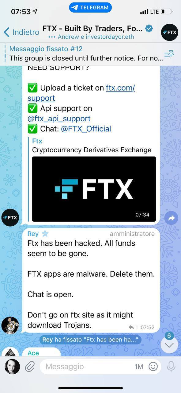 FTX 거래소 공식 커뮤니티의 텔레그램 채팅 내용 (트위터계정 @0xTre)