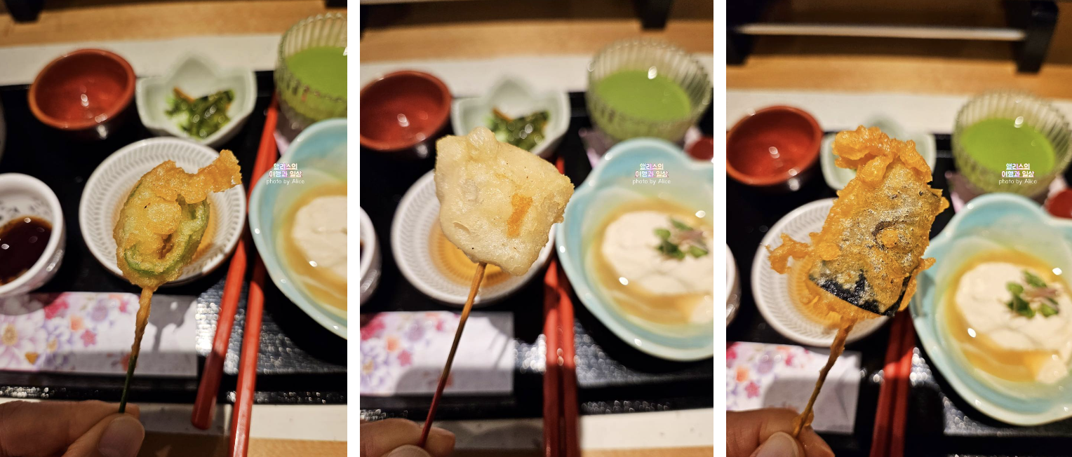 일렬로 늘어선 맛있는 꼬치 튀김 교토 기온 본점 마이코 한 리뷰