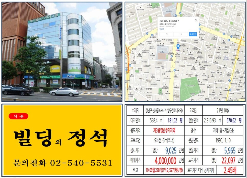  [강남구 도산공원 사거리 400억 오피스빌딩 실거래가 조회] 신사동 636-7 (압구정로데오역) 400억 원, 평당 2억 2,097만 원 매매되었습니다.