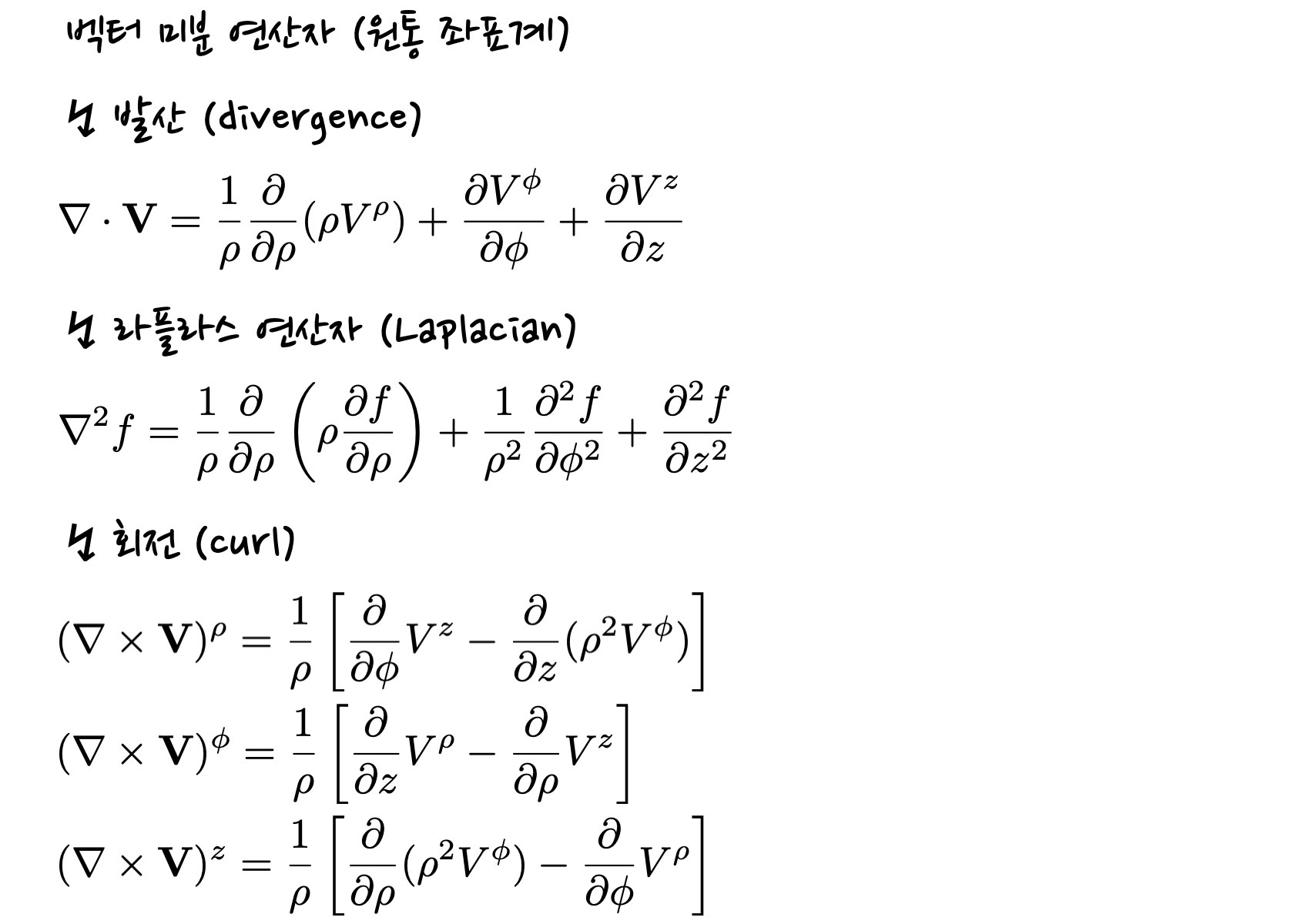 equations for vector derivatives&#44; showing definition of divergence&#44; Laplacian and Curl in cylindrical coordinates