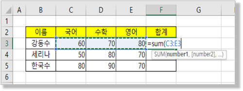 인수 입력을 위하여 합계 할 셀을 마우스로 선택