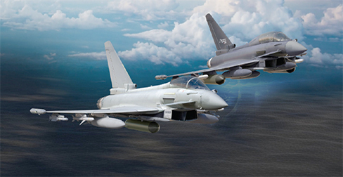 전자 공격 임무를 위한 Eurofighter ECR-주익 끝 수신기와 대방사 미사일 그리고 support 재밍 포드