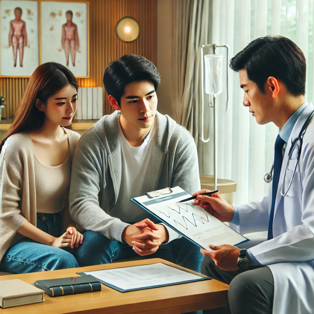 난임 치료 상담을 받는 한국의 부부. 의사가 의료 차트를 설명하며 부부는 진지하게 경청하고 있다. 현대적인 의료 시설에서 따뜻하고 안심되는 분위기가 느껴지는 장면.