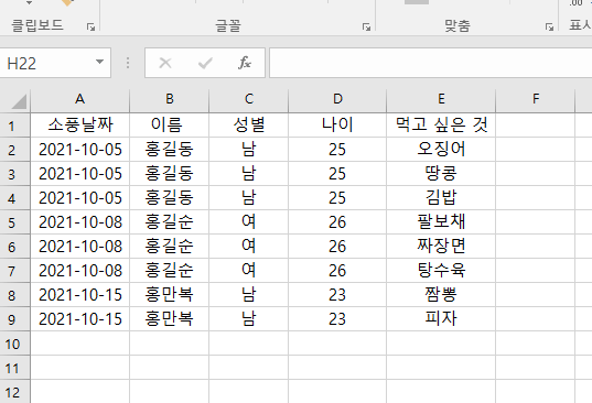 빈셀의 데이터가 채워지고 표시형식이 바뀐모습