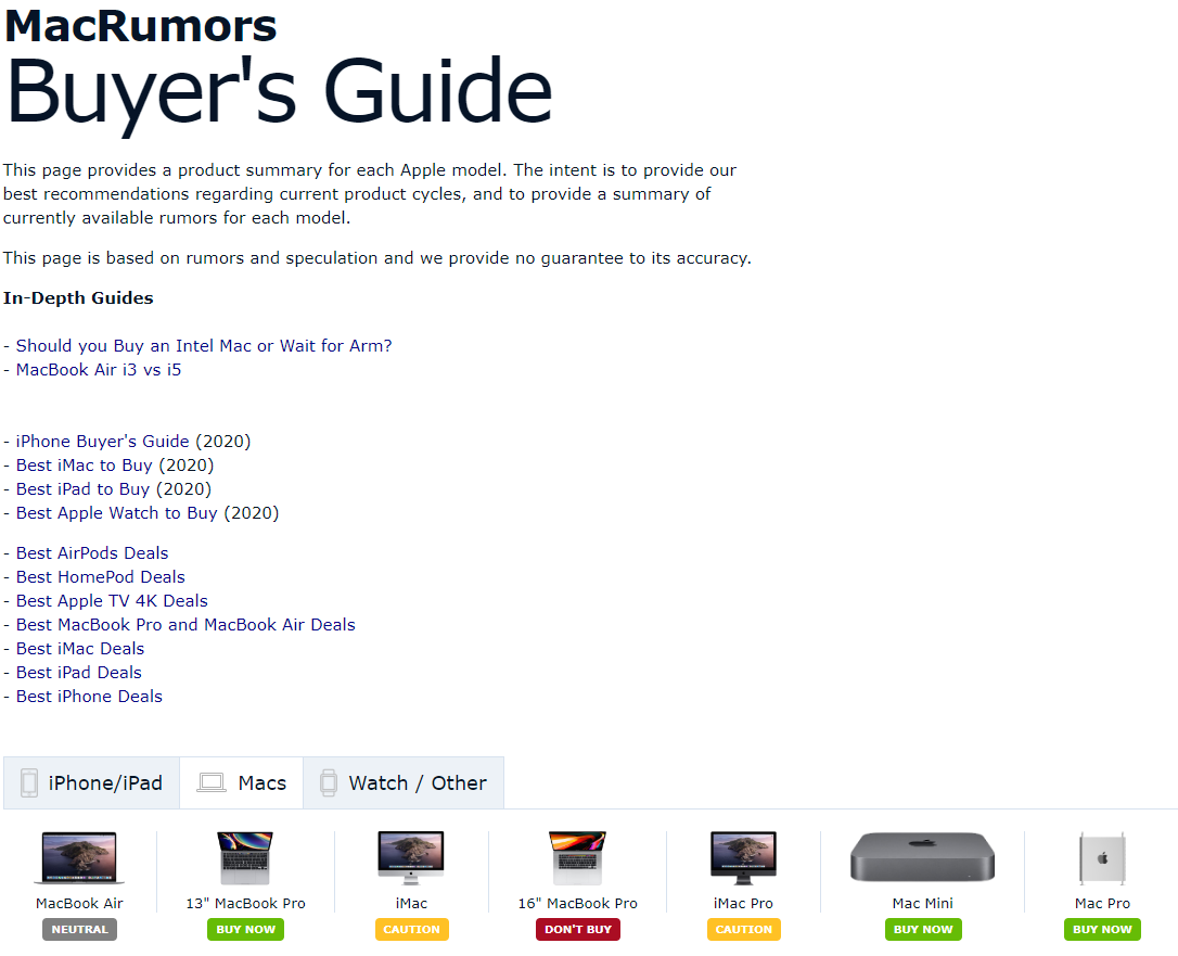 Apple 제품을 시기 적절하게 구매하자, MacRumors Buyer's Guide