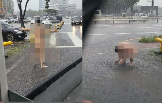  '폭우 속에서 샤워를?'..40대 남성, 경찰에 붙잡혀 가족 인계