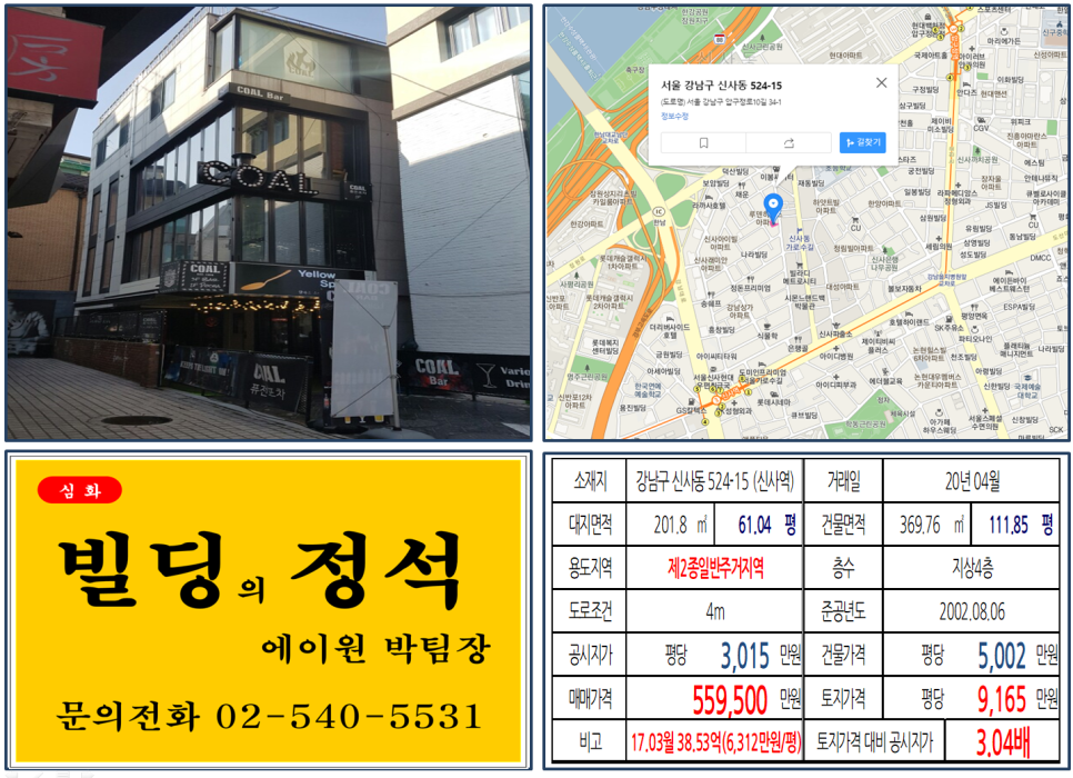  [강남구 세로수길 꼬마빌딩 실거래가 조회] 신사동 524-15 (신사역) 55.95억 원, 평당 9,165만 원, 신사동 가로수길 임대수익용 50억 꼬마빌딩