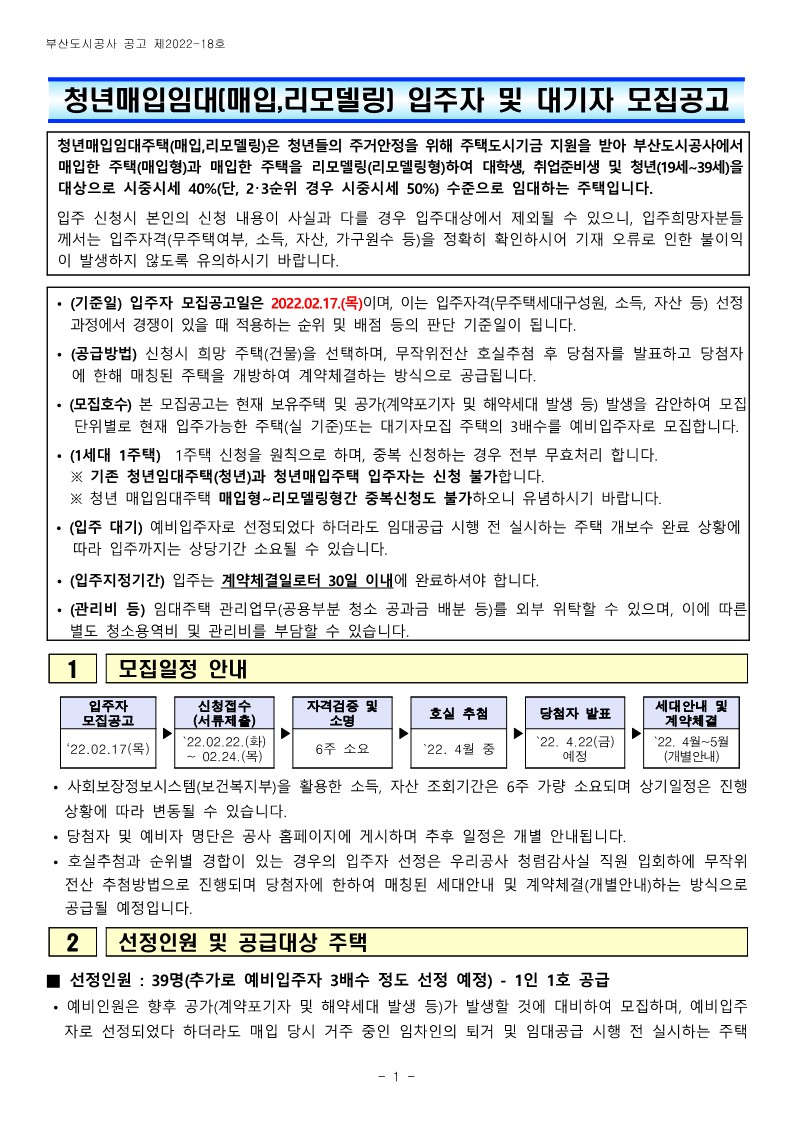  부산시 청년매입임대(매입,리모델링) 입주자 및 대기자 모집공고문