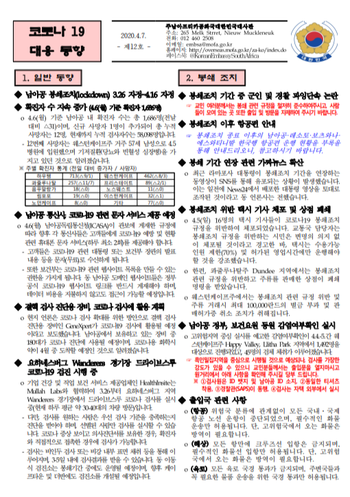  2020. 04.07 남아공 코로나 현황 제 12호