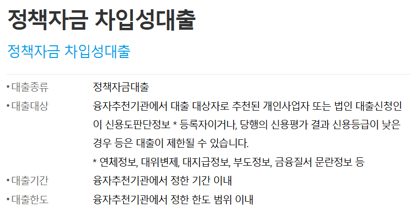 정책자금 차입성대출 상품 개요