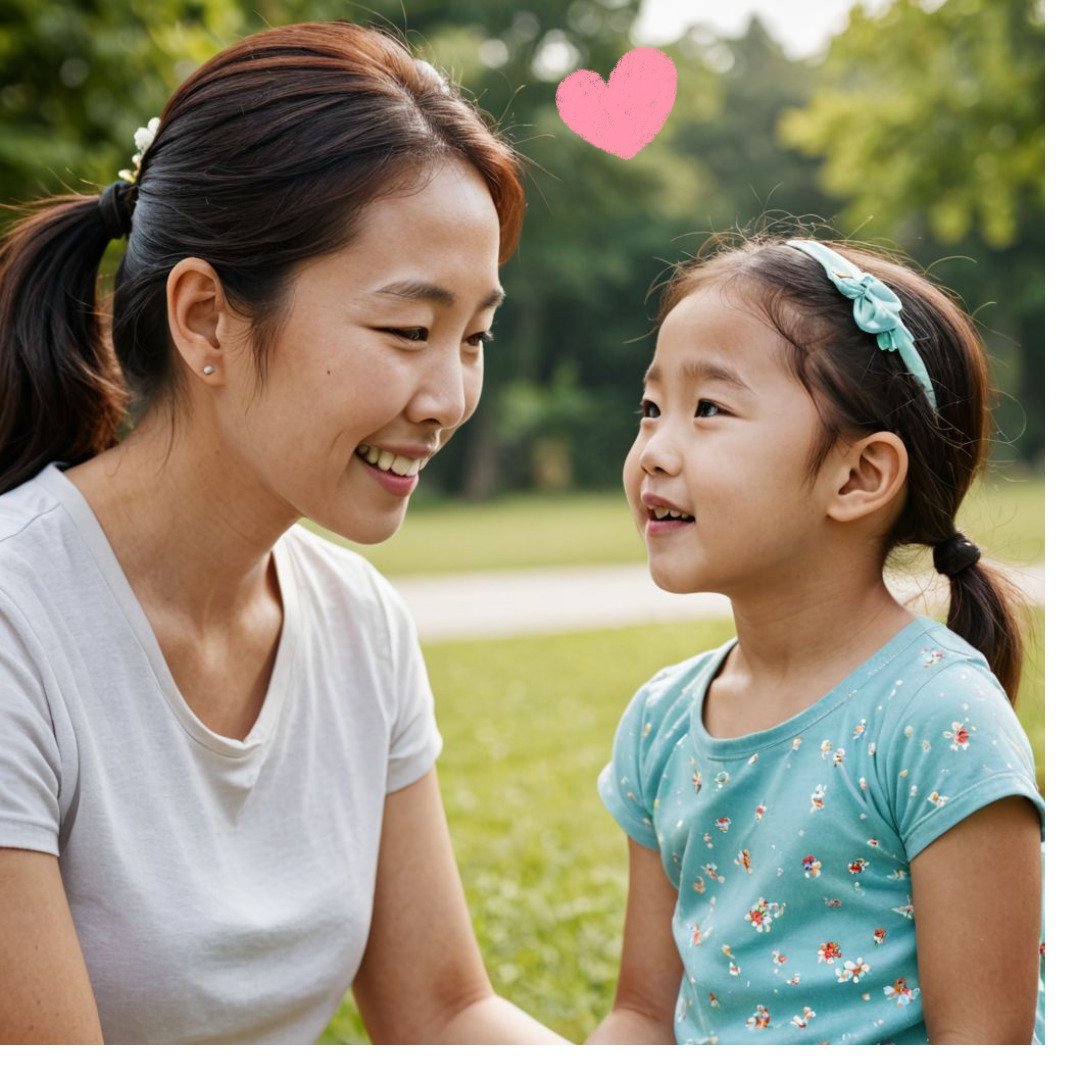 엄마와 여자아이가 마주보고 있는 모습