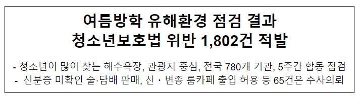  여름방학 유해환경 점검 결과 청소년보호법 위반 1,802건 적발