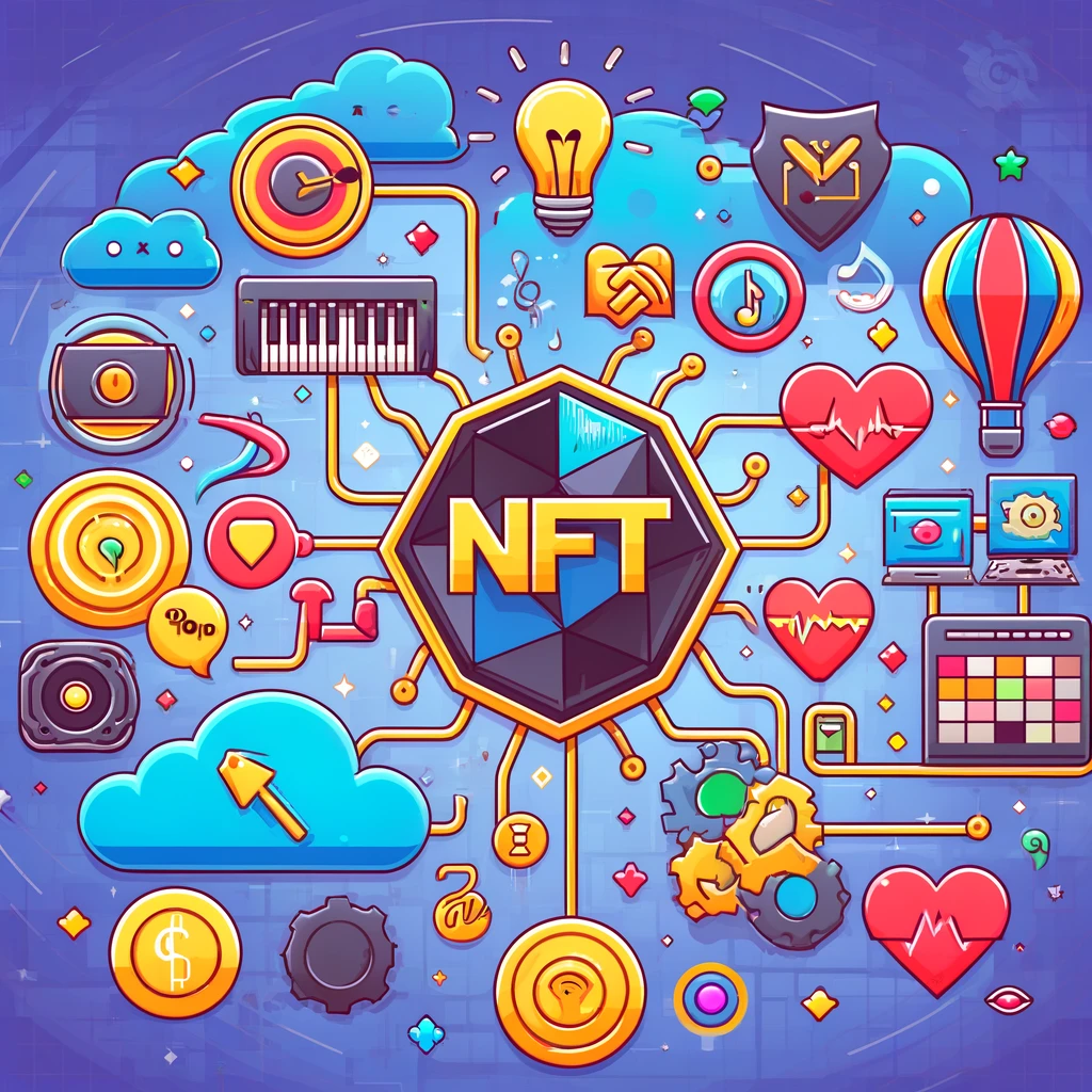 NFT 기술이 디지털 아트&#44; 게임&#44; 음악 산업에 어떻게 적용되고 있는지를 보여주는 컬러풀한 일러스트레이션
