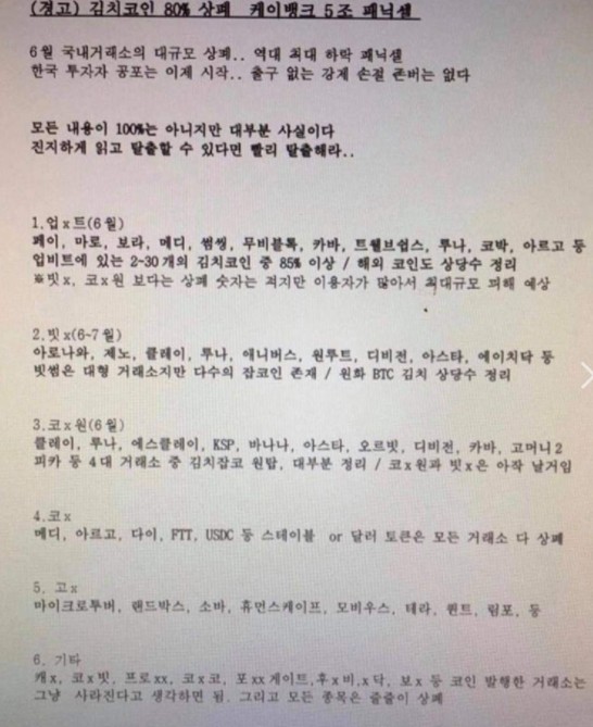  업비트 빗썸 코인원 코빗 등 상폐 찌라시 공유