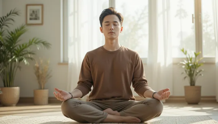 스트레스를 완화하기 위해 명상 중인 남성