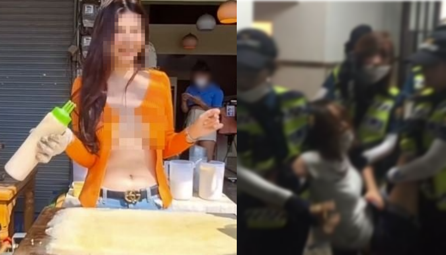 가슴을 노출하고 팬케이크를 파는 여대생과 경찰이 여자를 잡아가는 모습