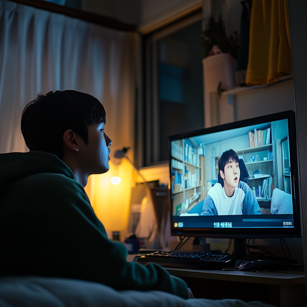 부드러운 조명 아래 침실에서 넷플릭스 화면을 보며 영어 표현을 따라 말하는 한국인 학생