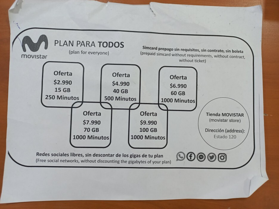 칠레 무비스타 플랜별 요금표