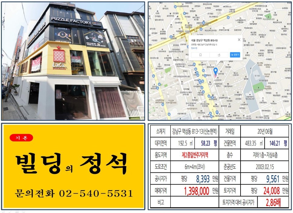  [강남구 강남역 먹자상권 100억 꼬마빌딩 실거래가 조회] 역삼동 813-13 (신논현역) 139억 8,000만 원, 평당 2억 4,008만 원