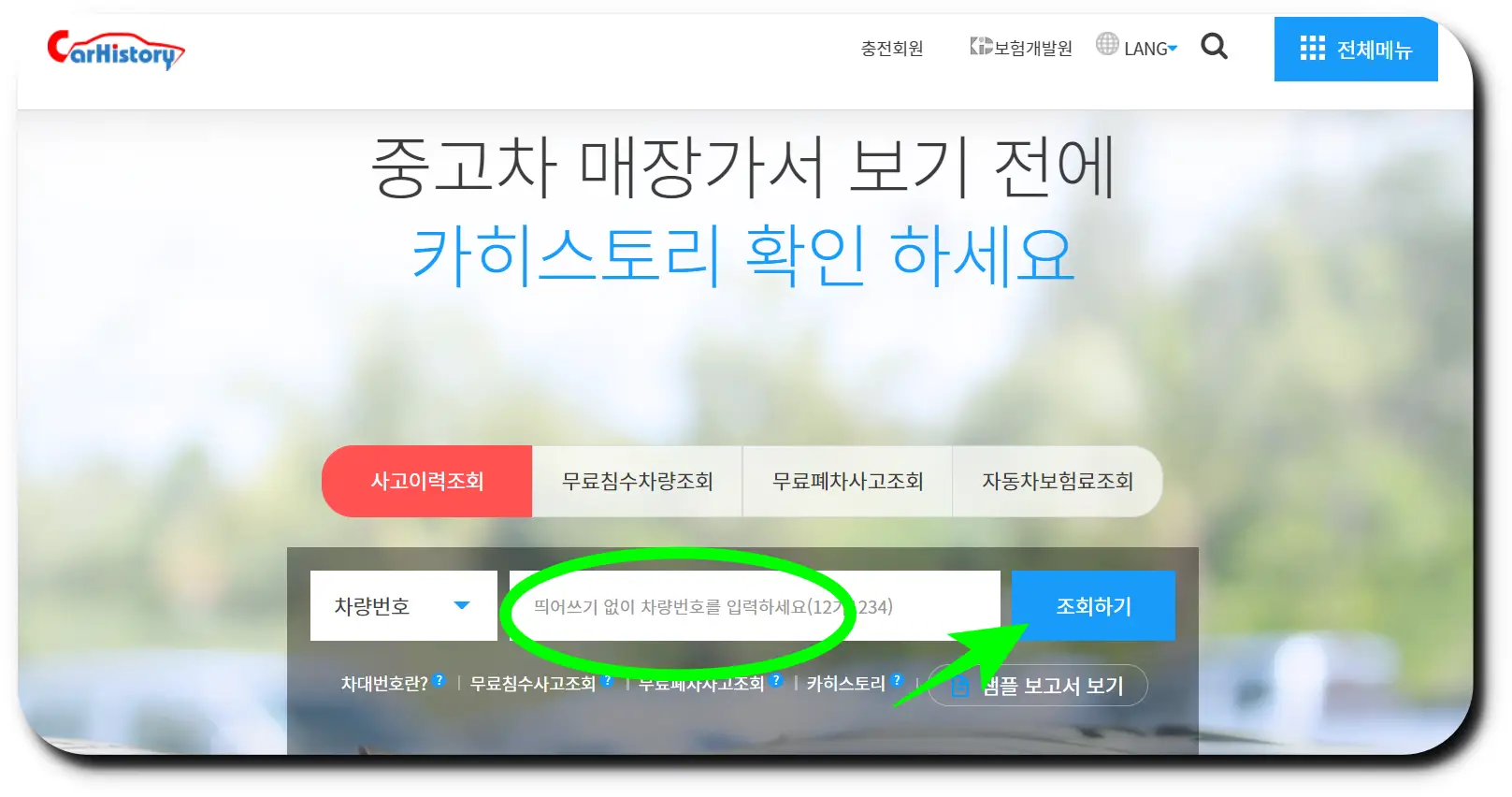 카히스토리 공식 홈페이지()에 접속 후 원하는 메뉴 선택과 차량 번호 입력하기