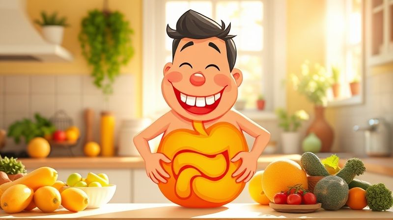 웃는 모습의 위장으로 상징되는 행복하고 건강한 소화 기관을 가진 사람