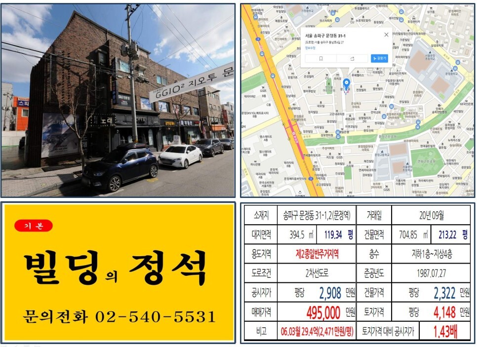 [송파구 문정법조단지 40억 꼬마빌딩 실거래가 조회] 문정동 31-1,2 (문정역) 49.5억 원, 평당 4,148만 원 매매되었습니다. 문정동