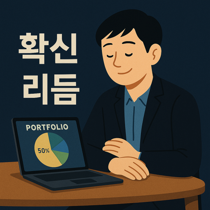 자신만의 투자 포트폴리오를 완성한 듯한 성취감에 미소 짓는 김대리의 모습. 책상 앞에 앉아 노트북 화면을 바라보며 안정된 표정을 짓고 있으며, 주변에는 정돈된 투자 기록과 차트가 놓여 있는 모습. ‘확신’과 ‘리듬’이 강조된 긍정적인 분위기의 장면.