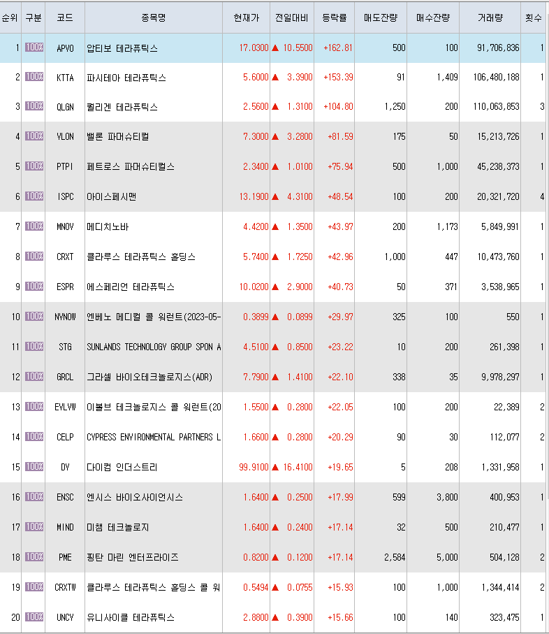  11월23일 미국주식 상승률 상위 종목 TOP 300