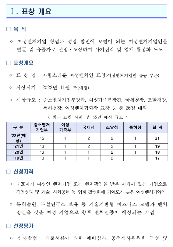 2022년 자랑스런 여성벤처인 표창 접수 공고
