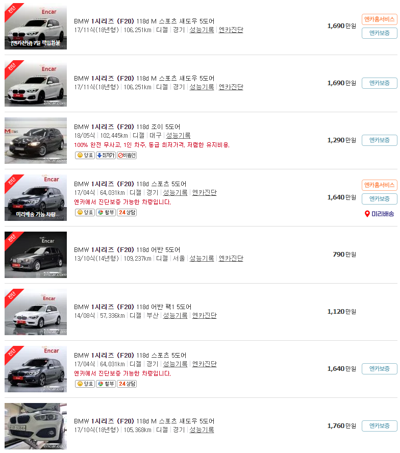 BMW 1시리즈 (F20)(12~19년) 중고차 가격