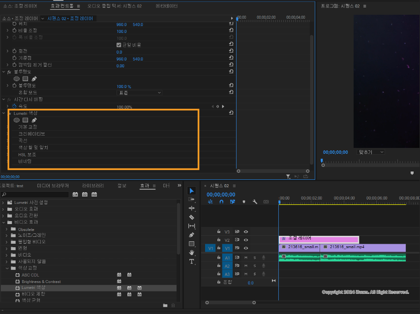 효과 컨트롤에 Lumetri색상