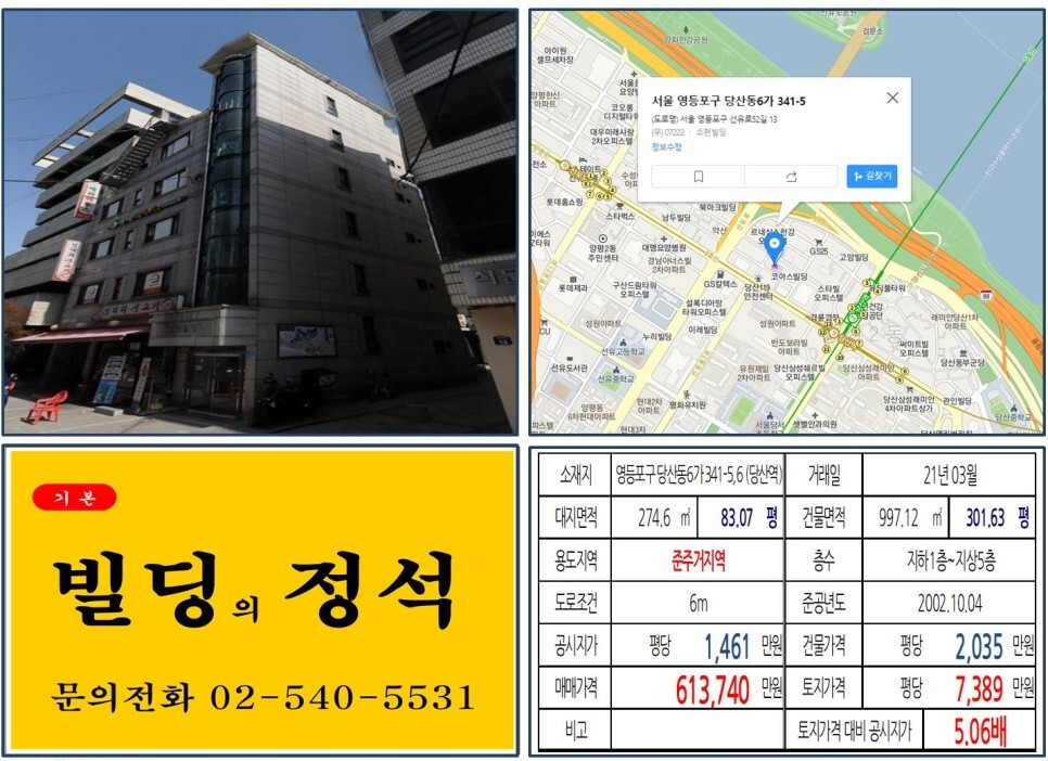  [영등포구 영등포뉴타운 60억 올근생 꼬마빌딩 실거래가 조회] 당산동6가 341-5,6 (당산역) 61억 3,740만 원, 평당 7,389만 원 매매되었습니다.