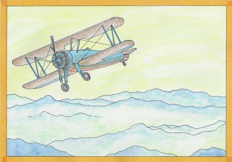 하늘과 산등성이를 물로 붓칠하고 경비행기를 청녹색 수채색연필로 채색한 그림