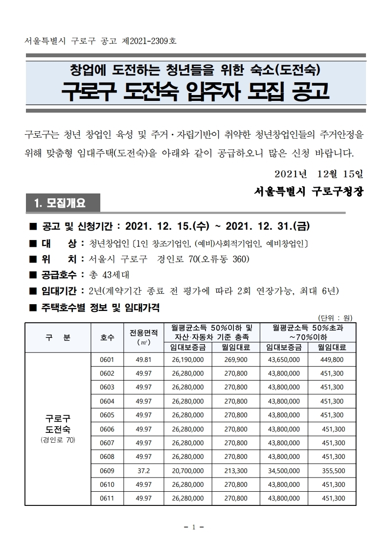  구로구 도전숙 입주자 모집 공고문